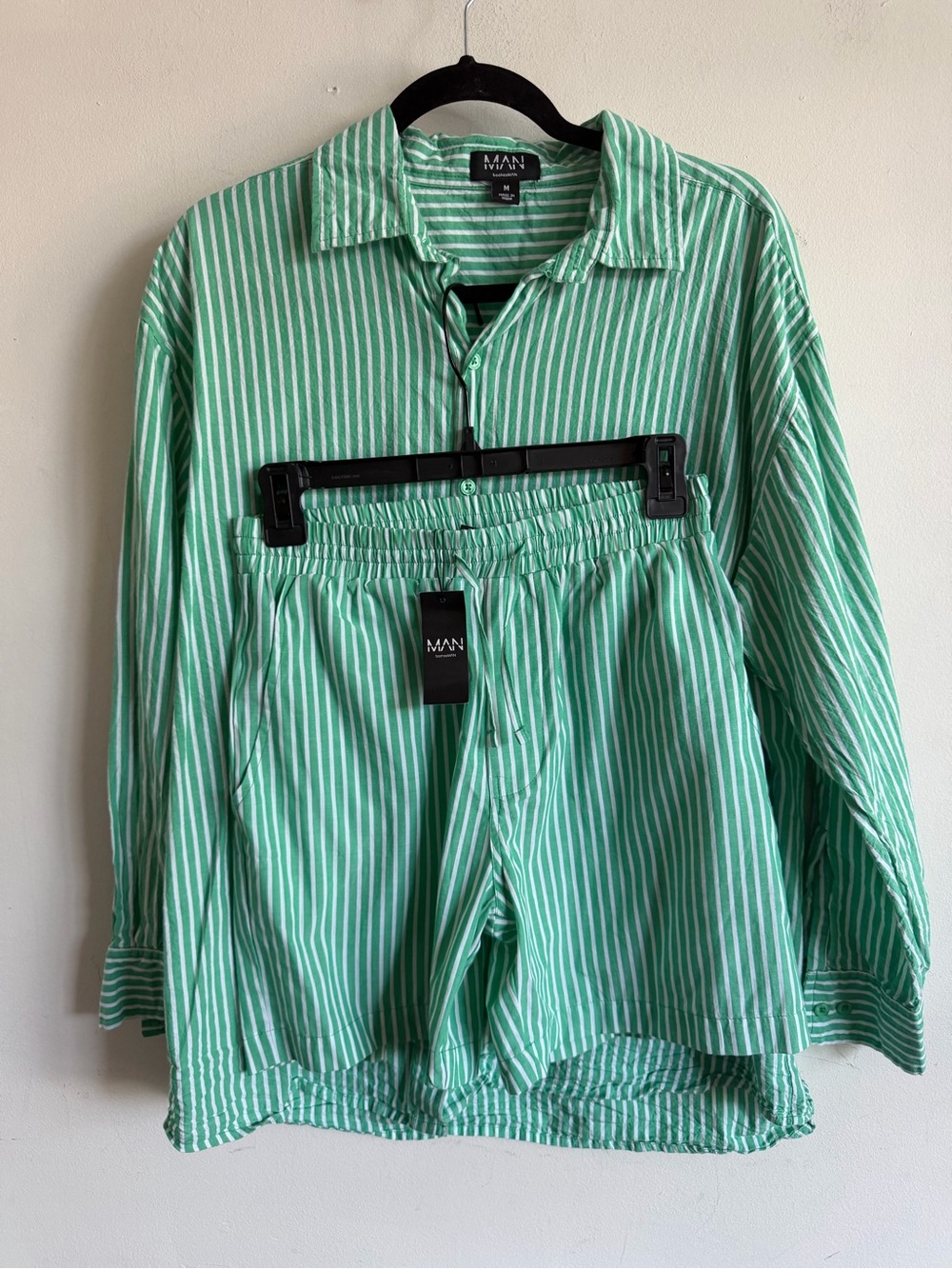 Boohoo Green and White Striped Casual Button-Down Shirt Set